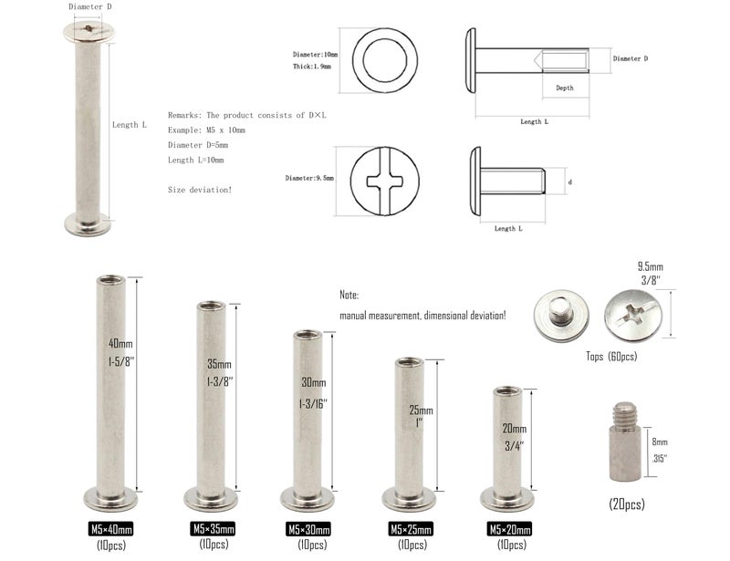LBY 120pcs Phillips Chicago Screws, M5 x 20/25/30/35/40mm Binding Screw Posts, Binding Barrels and Screws Assortment Kit, with Extention Posts (20pcs), Nickel-Plated (Silvery) - Image 5
